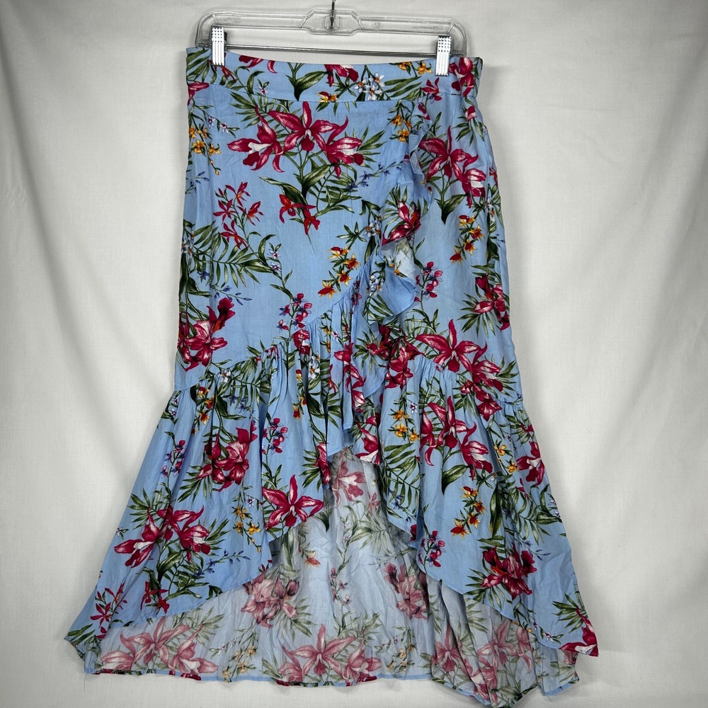 Milk & Honey Blue Tropical Floral High-Low Ruffle Maxi Skirt XL